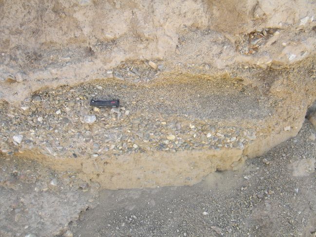  2006:09:11 00:41:21   NE BeachRdg1 - E side of gully on lake side of pond deposits - clast-supported small pebble cgl overlying matrix supported pebble cgl - photo 2.jpg